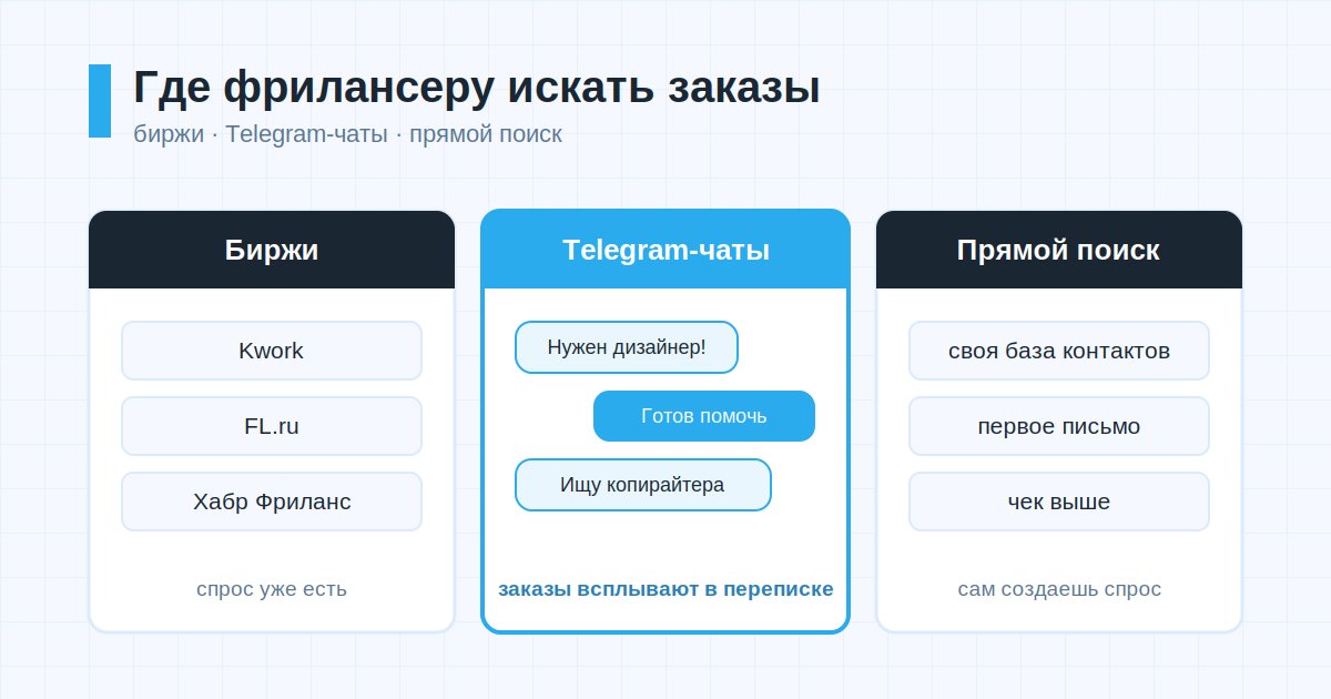 Три пути поиска заказов для фрилансера: биржи, Telegram-чаты, прямой поиск