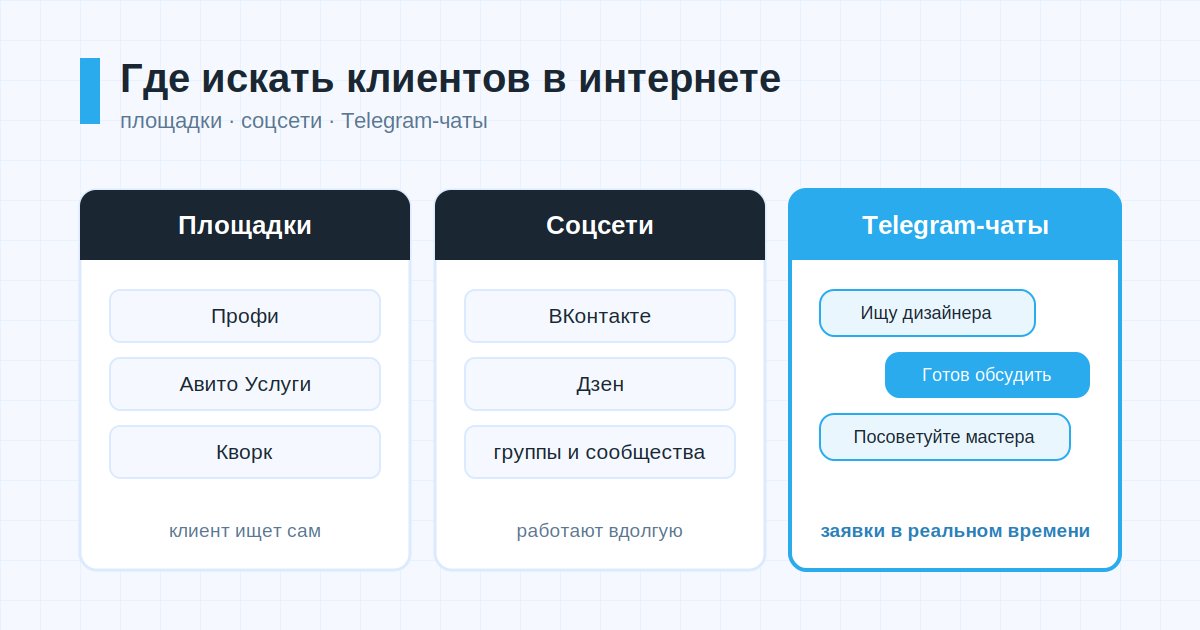 Карта мест поиска клиентов в интернете: площадки, соцсети, Telegram-чаты