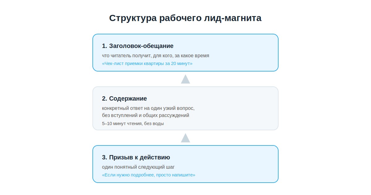 Структура типового лид-магнита: заголовок-обещание, содержание, призыв к действию