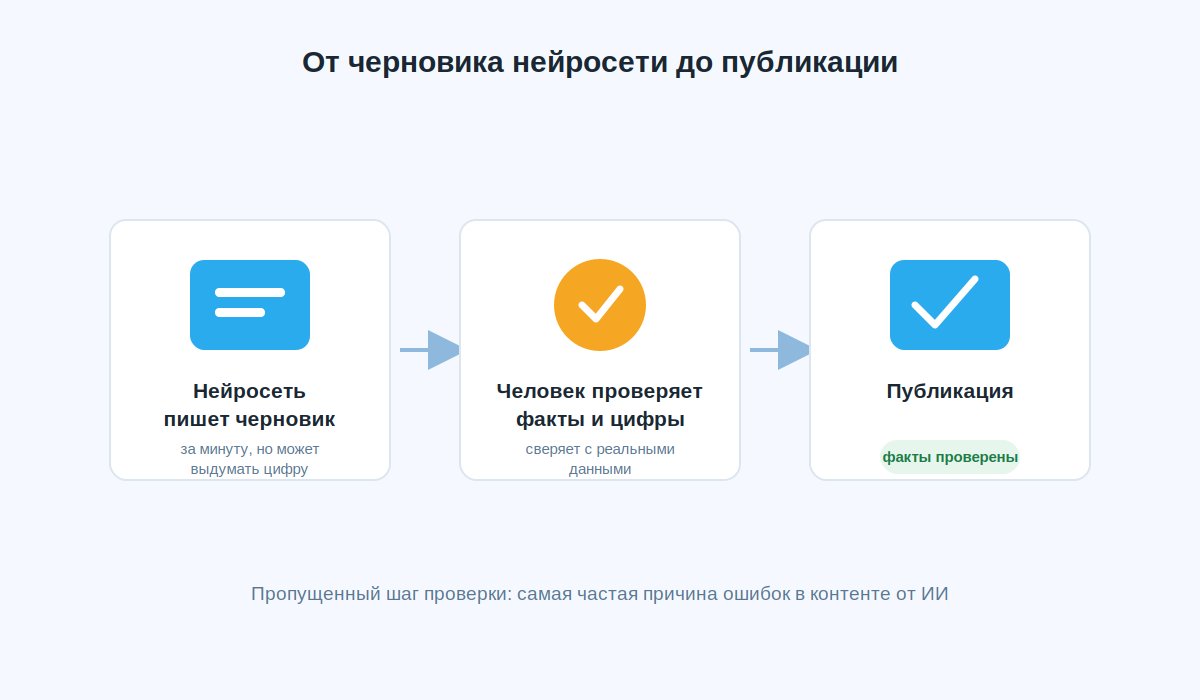 Схема пути от черновика нейросети до публикации: генерация текста, проверка фактов человеком, публикация