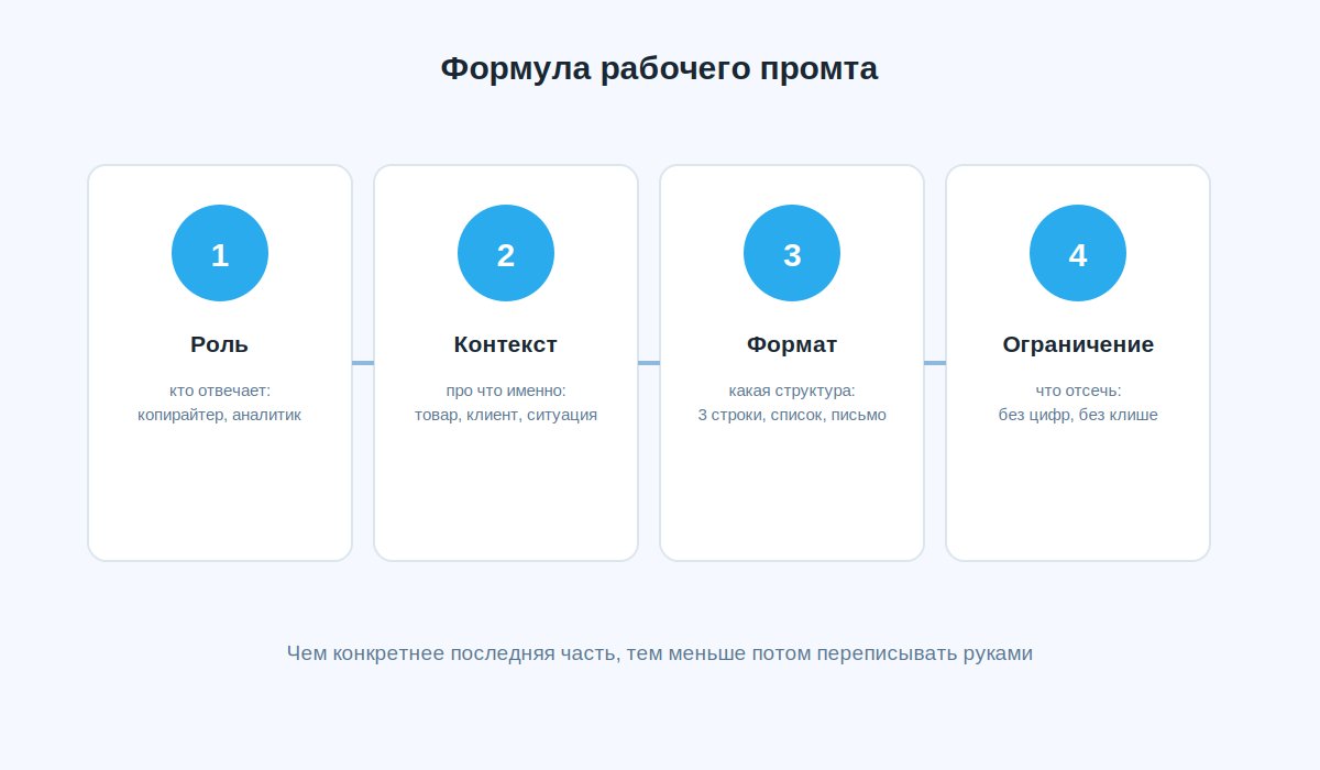 Формула рабочего промта для нейросети: роль, контекст, формат ответа, ограничение