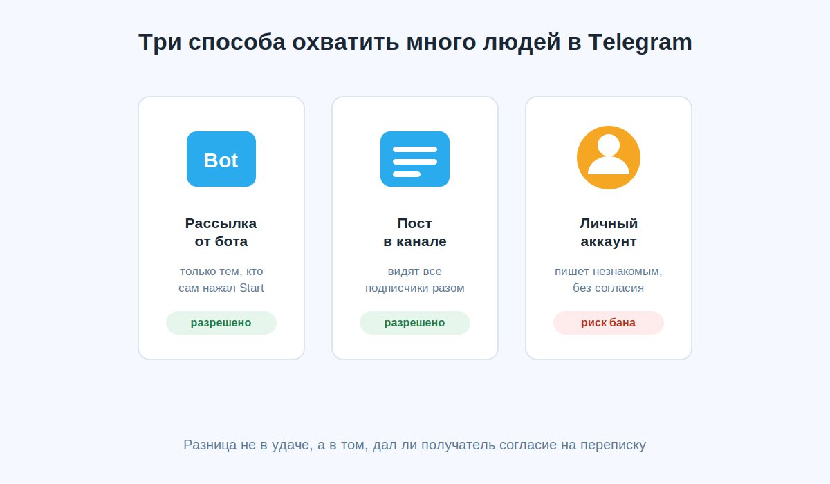 Три механики массовой отправки сообщений в Telegram: бот-рассылка, публикация в канале, личный аккаунт