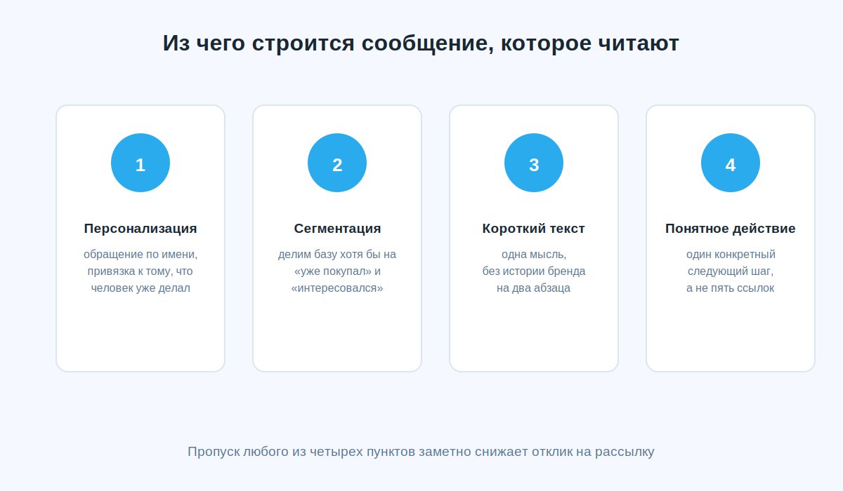 Схема анатомии хорошего сообщения для рассылки в Telegram: персонализация, сегментация, короткий текст, понятное действие