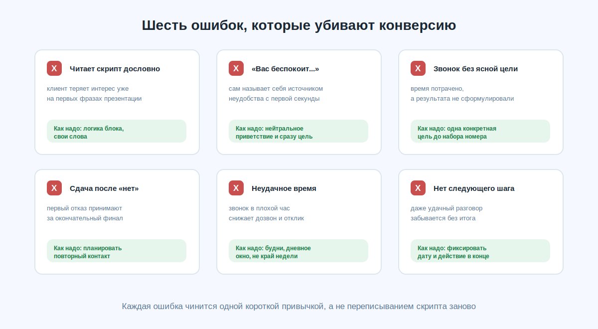Шесть частых ошибок холодного звонка с исправлениями: чтение скрипта, извинения, звонок без цели, время звонка
