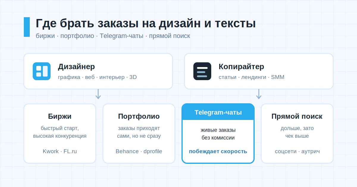 Каналы заказов на дизайн и тексты для фрилансера: биржи, портфолио, Telegram-чаты, прямой поиск
